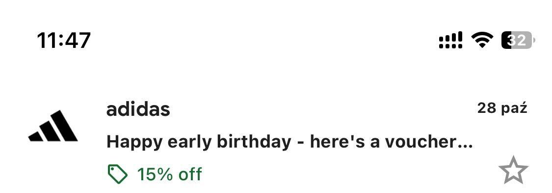 Example of a birthday email from Adidas with a deal badge annotation